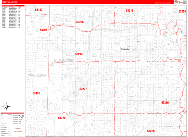 West Allis City Wall Map Red Line Style